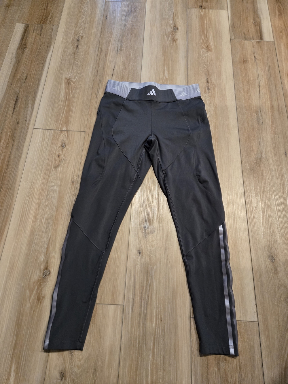 adidas Gray Running Leggings with Light Purple Waistband and Side Stripes